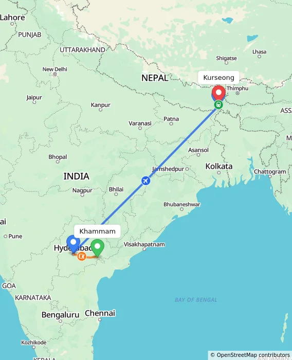 Route map showing distance and travel time from Khammam, India to Kurseong, India