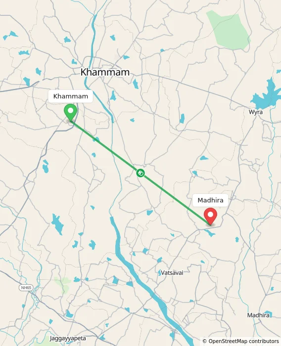 Route map showing distance and travel time from Khammam, India to Madhira, India