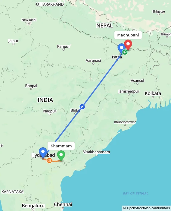 Route map showing distance and travel time from Khammam, India to Madhubani, India