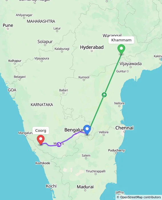Route map showing distance and travel time from Khammam, India to Madikeri, India