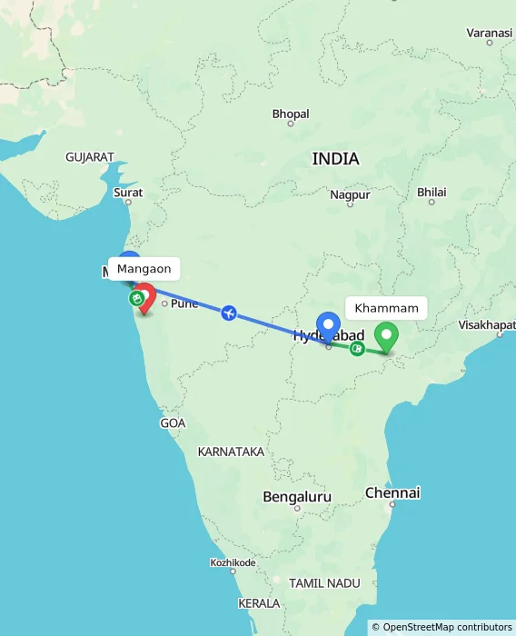 Route map showing distance and travel time from Khammam, India to Mangaon, India