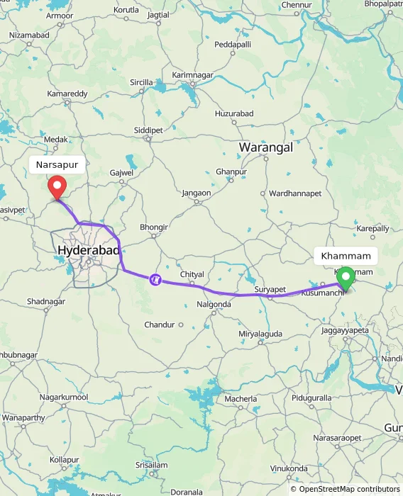 Route map showing distance and travel time from Khammam, India to Narsapur, India