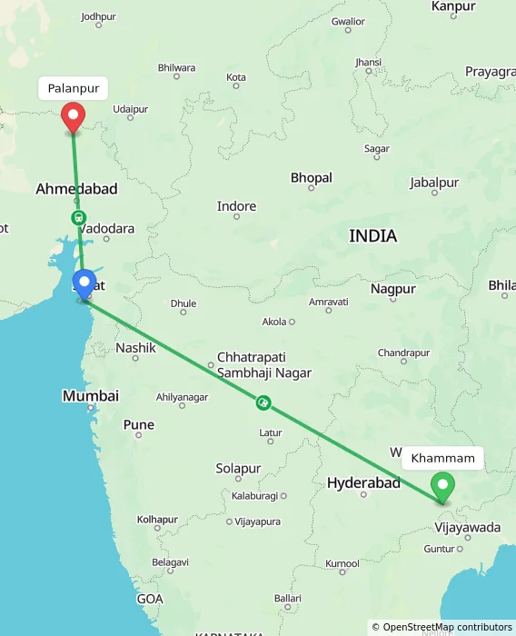 Route map showing distance and travel time from Khammam, India to Palanpur, India