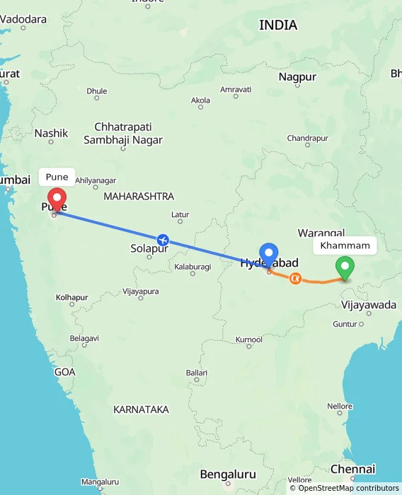 Route map showing distance and travel time from Khammam, India to Pune, India