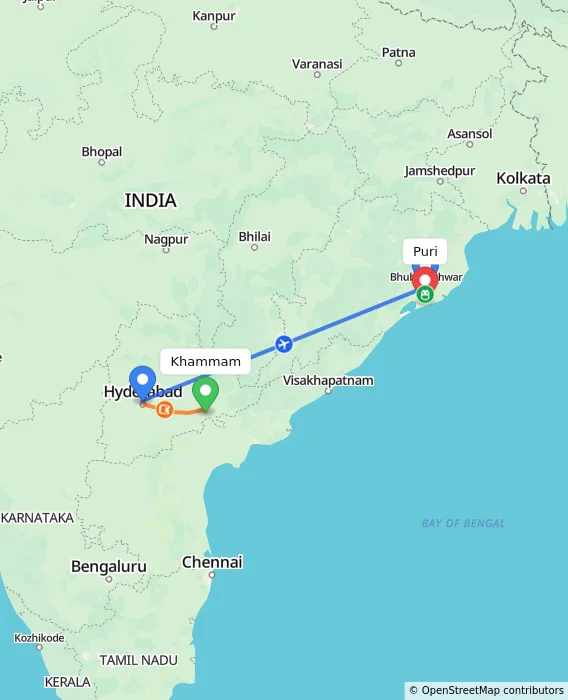Route map showing distance and travel time from Khammam, India to Puri, India
