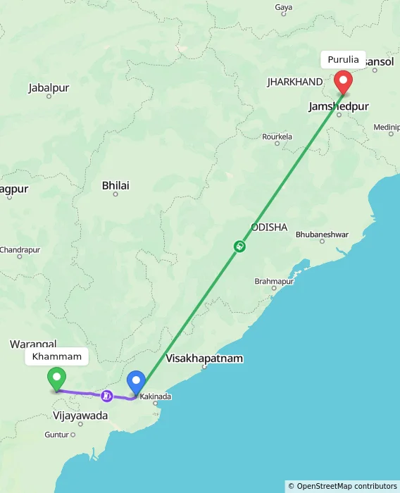 Route map showing distance and travel time from Khammam, India to Purulia, India