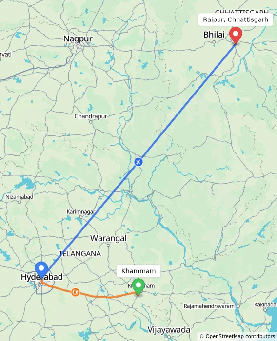 Route map showing distance and travel time from Khammam, India to Raipur, Chhattisgarh, India