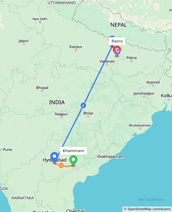 Route map showing distance and travel time from Khammam, India to Rasra, India