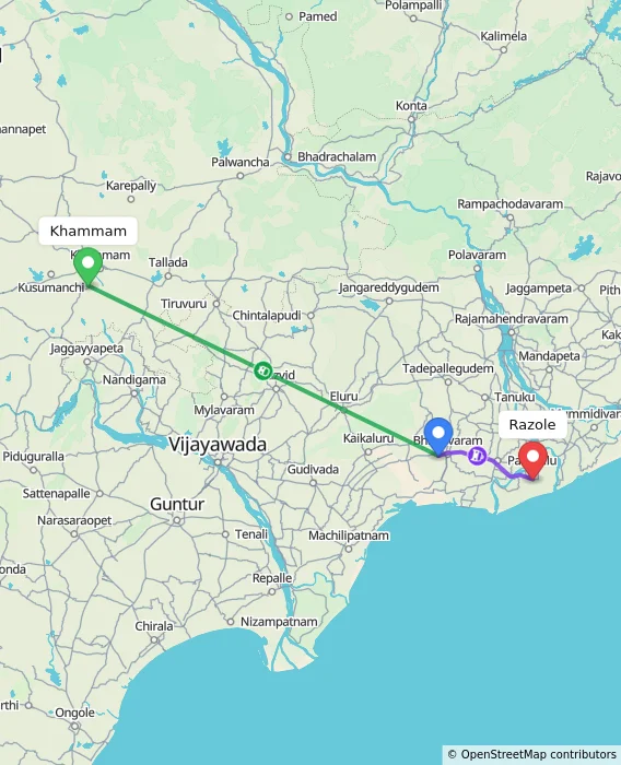 Route map showing distance and travel time from Khammam, India to Razole, India