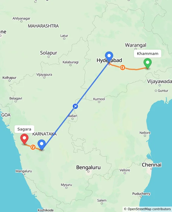 Route map showing distance and travel time from Khammam, India to Sagara, India