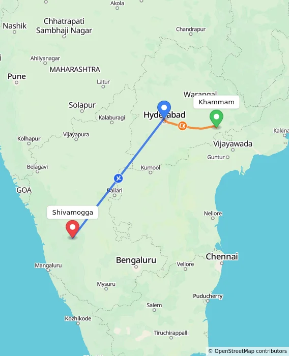 Route map showing distance and travel time from Khammam, India to Shivamogga, India