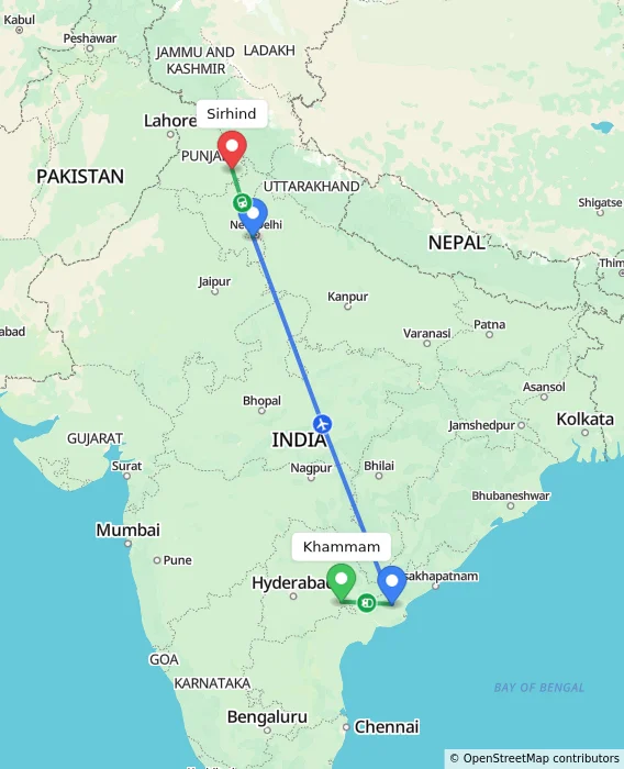 Route map showing distance and travel time from Khammam, India to Sirhind, India