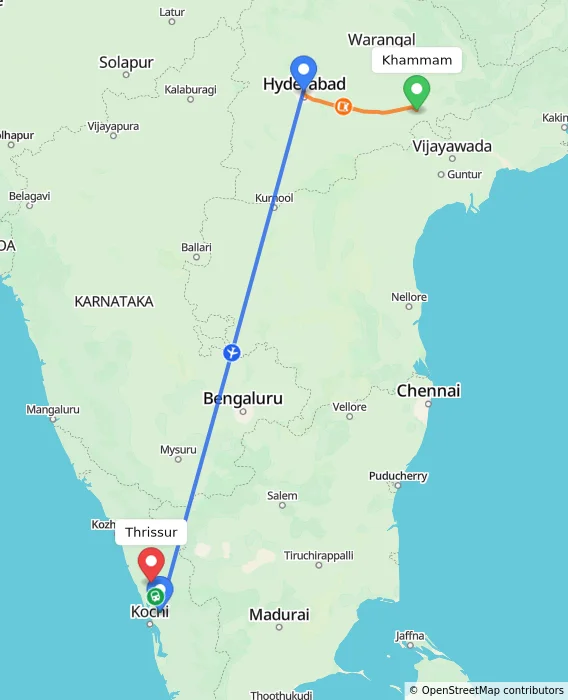 Route map showing distance and travel time from Khammam, India to Thrissur, India