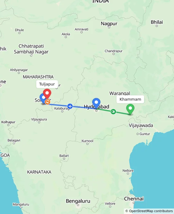Route map showing distance and travel time from Khammam, India to Tuljapur, India