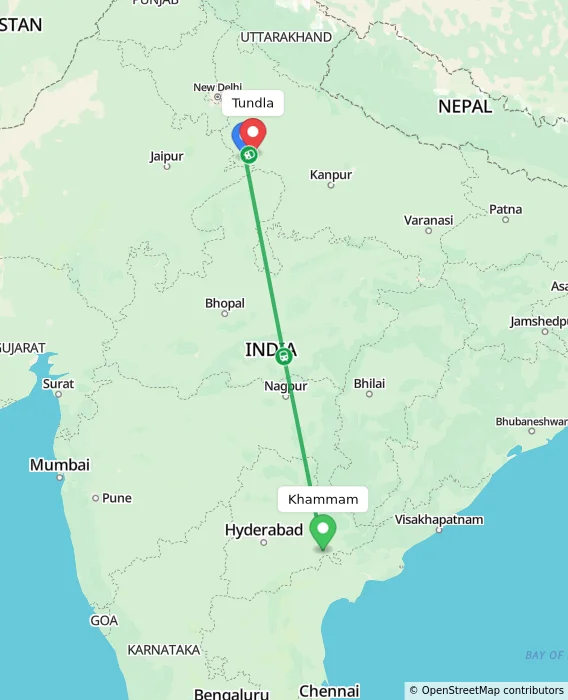 Route map showing distance and travel time from Khammam, India to Tundla, India