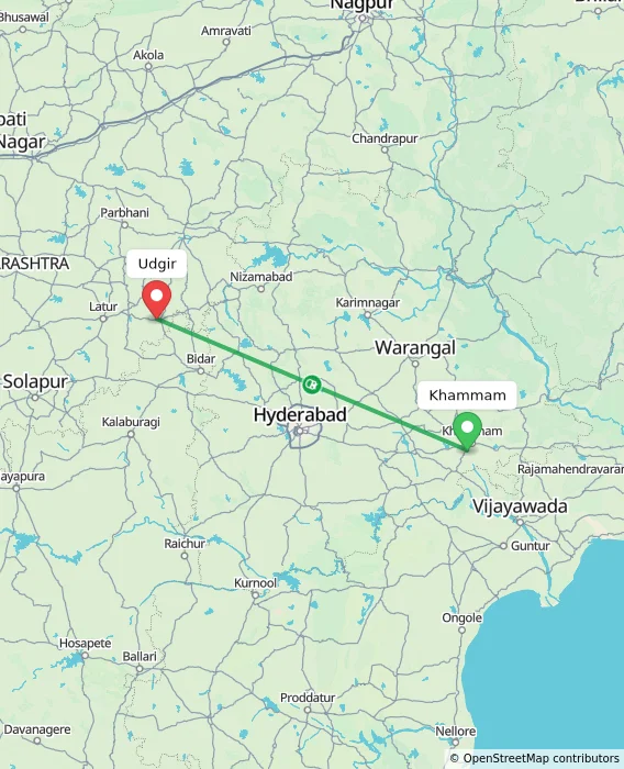 Route map showing distance and travel time from Khammam, India to Udgir, India