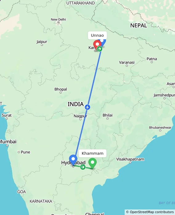 Route map showing distance and travel time from Khammam, India to Unnao, India