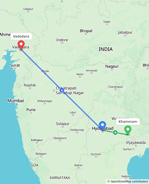 Route map showing distance and travel time from Khammam, India to Vadodara, India