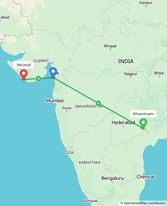 Route map showing distance and travel time from Khammam, India to Veraval, India