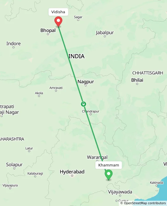 Route map showing distance and travel time from Khammam, India to Vidisha, India