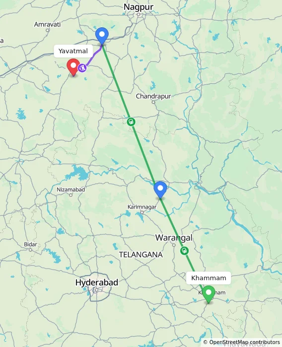 Route map showing distance and travel time from Khammam, India to Yavatmal, India