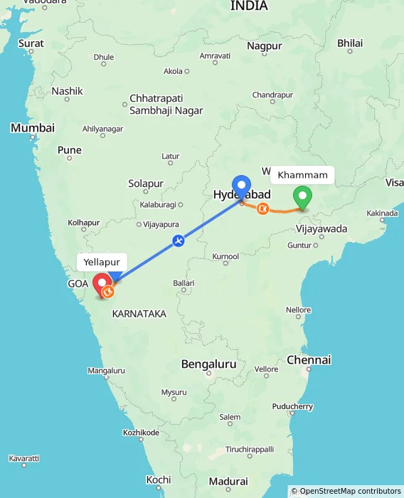 Route map showing distance and travel time from Khammam, India to Yellapur, India