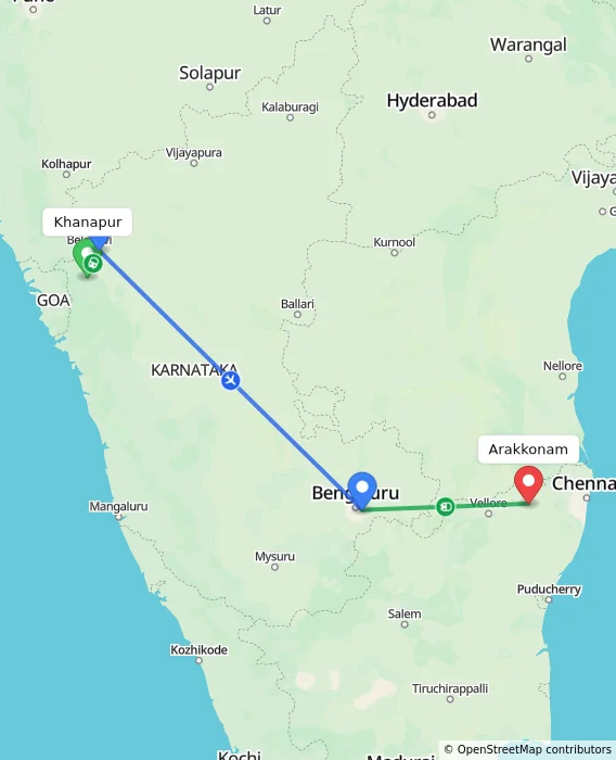 Route map showing distance and travel time from Khanapur, India to Arakkonam, India