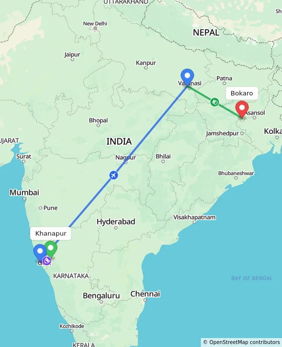 Route map showing distance and travel time from Khanapur, India to Bokaro, India