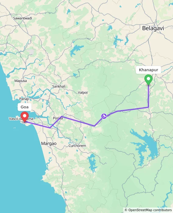 Route map showing distance and travel time from Khanapur, India to Goa, India