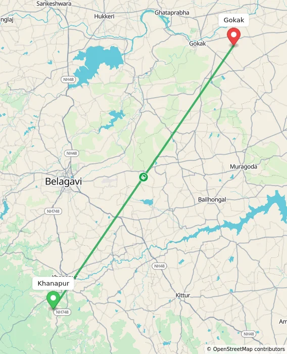 Route map showing distance and travel time from Khanapur, India to Gokak, India