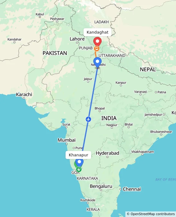 Route map showing distance and travel time from Khanapur, India to Kandaghat, India