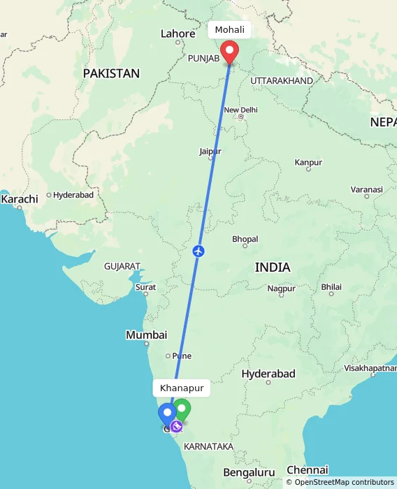 Route map showing distance and travel time from Khanapur, India to Mohali, India