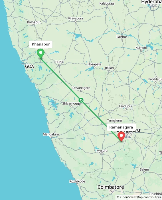 Route map showing distance and travel time from Khanapur, India to Ramanagara, India