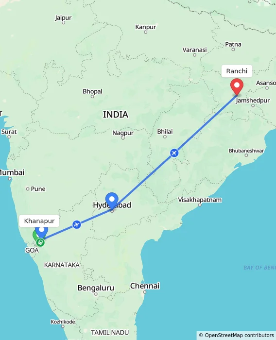 Route map showing distance and travel time from Khanapur, India to Ranchi, India