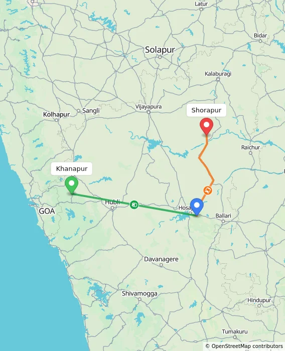 Route map showing distance and travel time from Khanapur, India to Shorapur, India