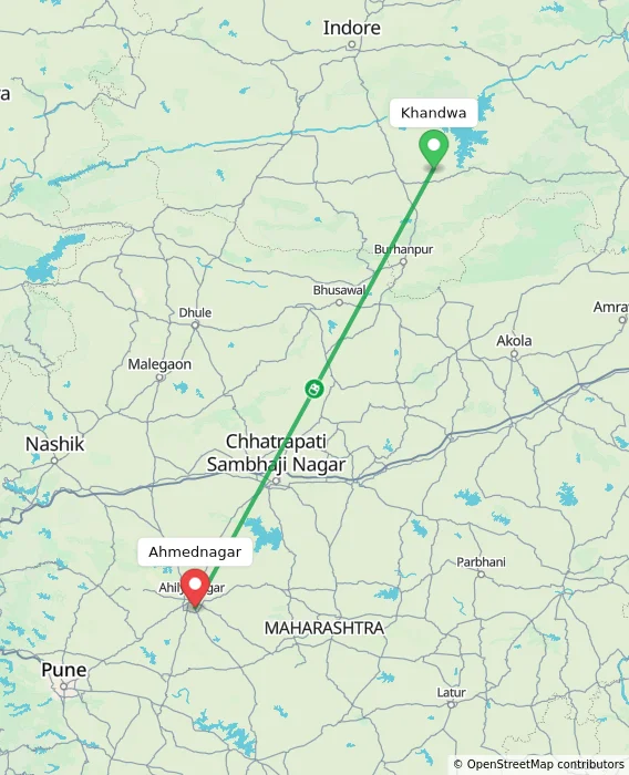 Route map showing distance and travel time from Khandwa, India to Ahmednagar, India