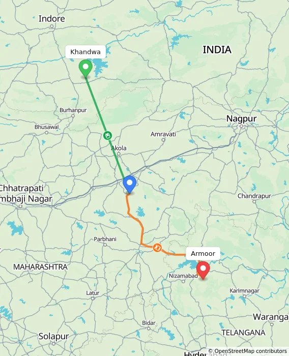 Route map showing distance and travel time from Khandwa, India to Armoor, India