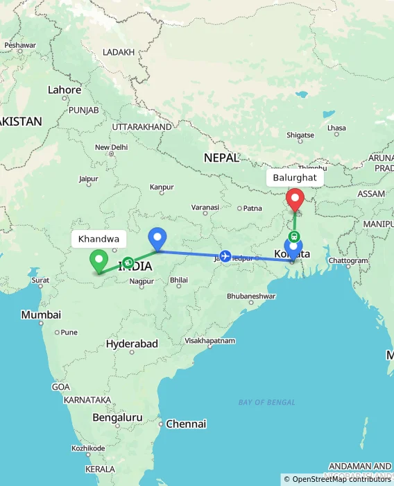 Route map showing distance and travel time from Khandwa, India to Balurghat, India