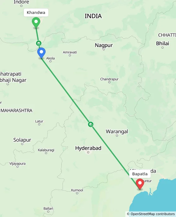Route map showing distance and travel time from Khandwa, India to Bapatla, India