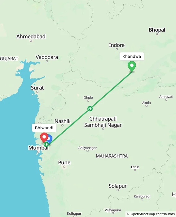 Route map showing distance and travel time from Khandwa, India to Bhiwandi, India