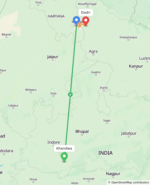 Route map showing distance and travel time from Khandwa, India to Dadri, India