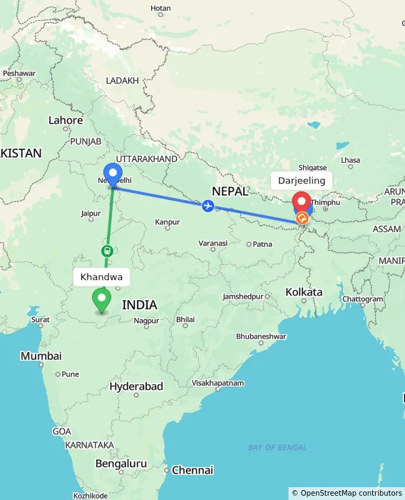 Route map showing distance and travel time from Khandwa, India to Darjeeling, India