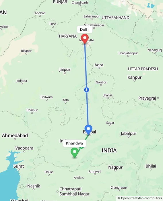 Route map showing distance and travel time from Khandwa, India to Delhi, India