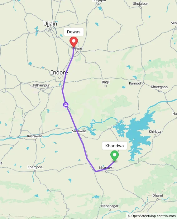 Route map showing distance and travel time from Khandwa, India to Dewas, India
