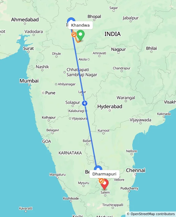 Route map showing distance and travel time from Khandwa, India to Dharmapuri, India