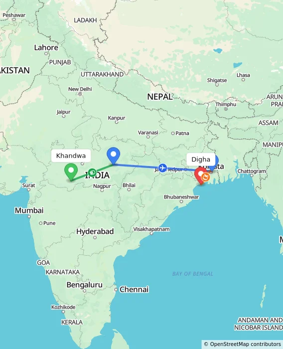 Route map showing distance and travel time from Khandwa, India to Digha, India