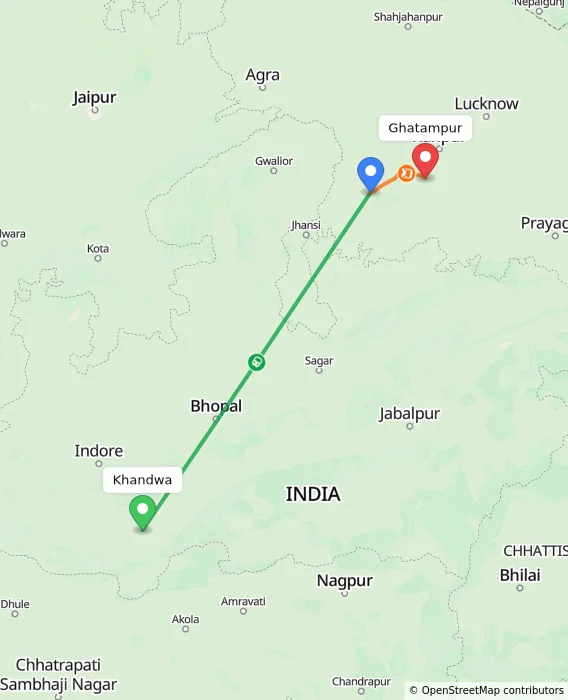 Route map showing distance and travel time from Khandwa, India to Ghatampur, India