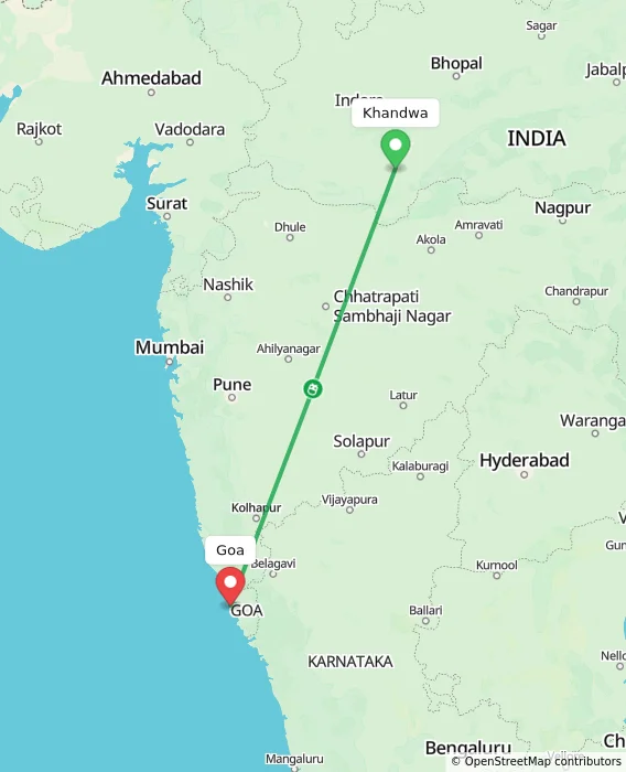 Route map showing distance and travel time from Khandwa, India to Goa, India