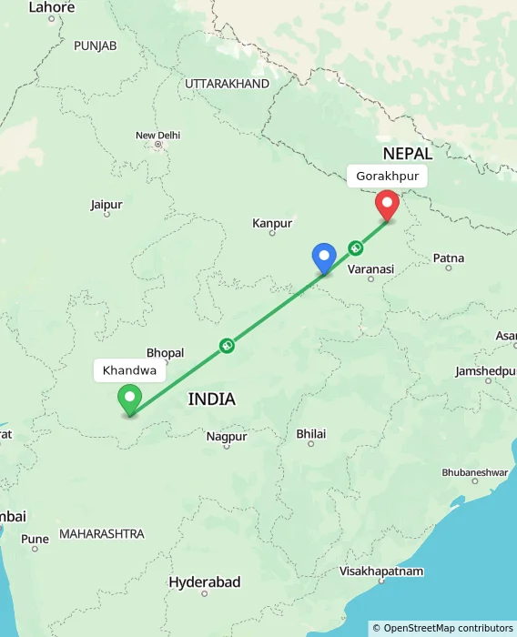 Route map showing distance and travel time from Khandwa, India to Gorakhpur, India