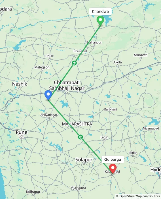 Route map showing distance and travel time from Khandwa, India to Gulbarga, India